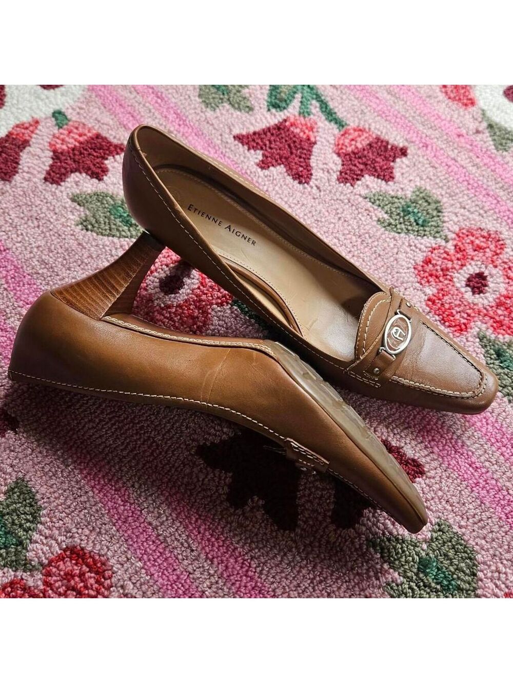 VTG Etienne Aigner Tan Wood Heeled Loafers 8.5